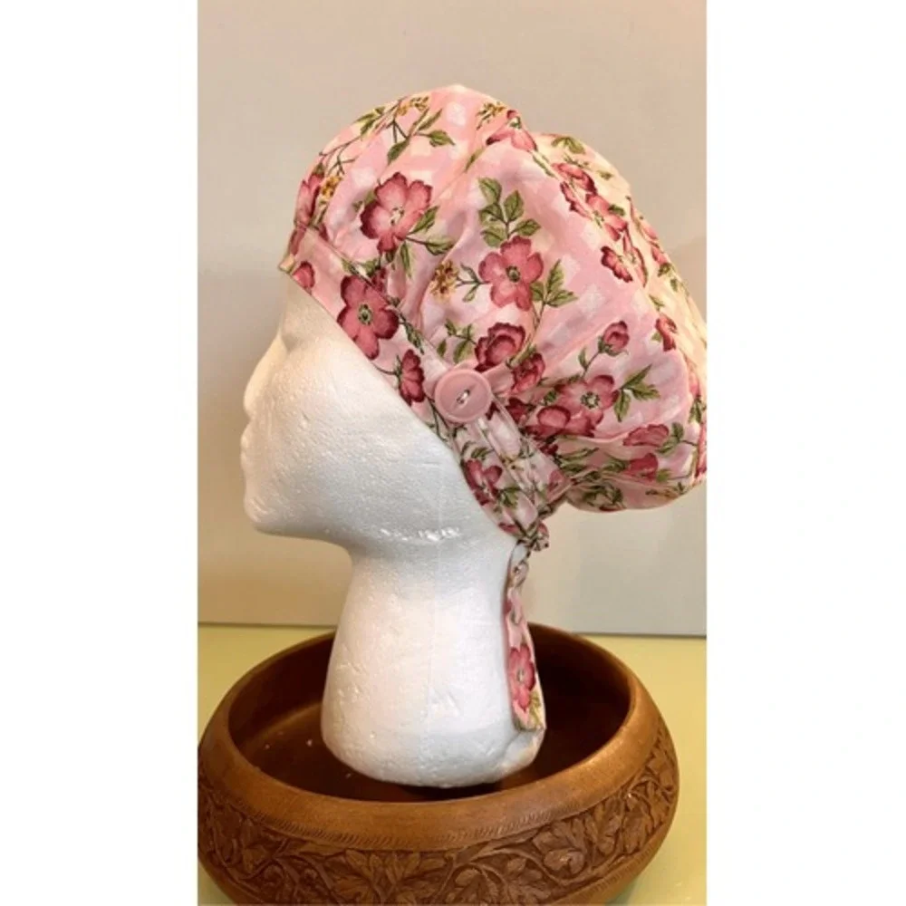 Vintage handmade Floral Print Hair‎ Bonnet Hat Sleeping Tie Button - Picture 6 of 9